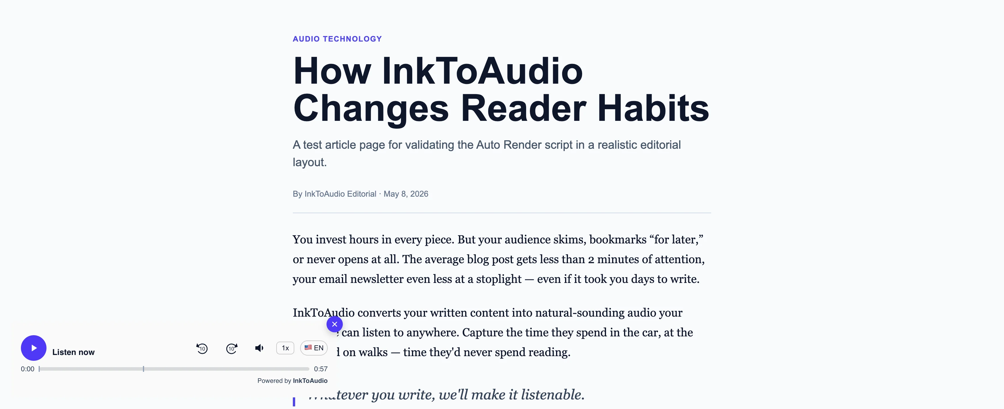 Inline and floating player examples on an article page