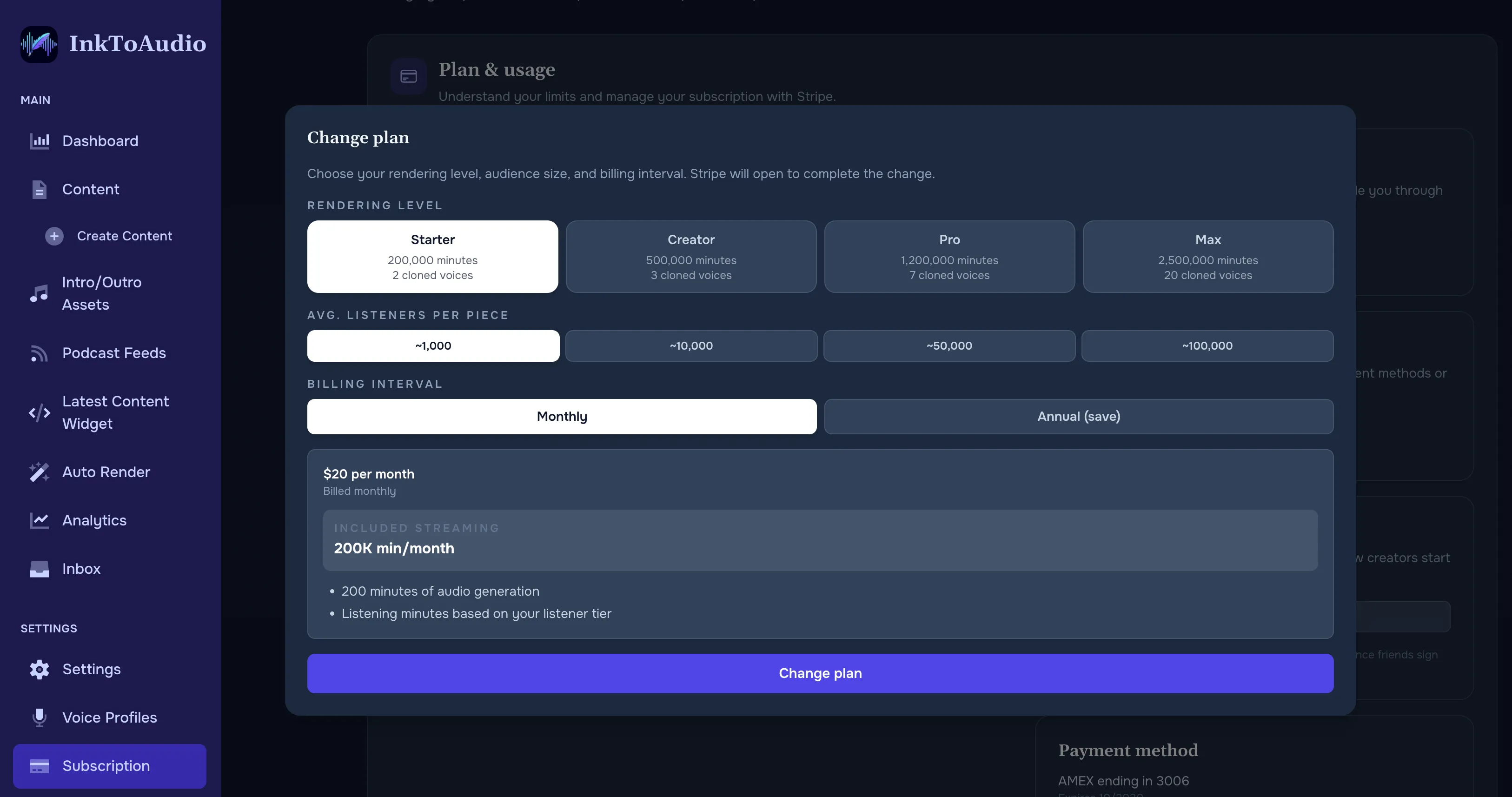 Subscription page