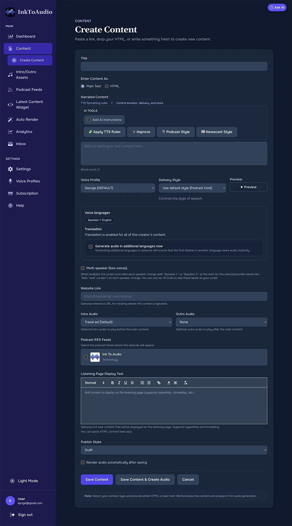 Create content form with narration text and Create audio button
