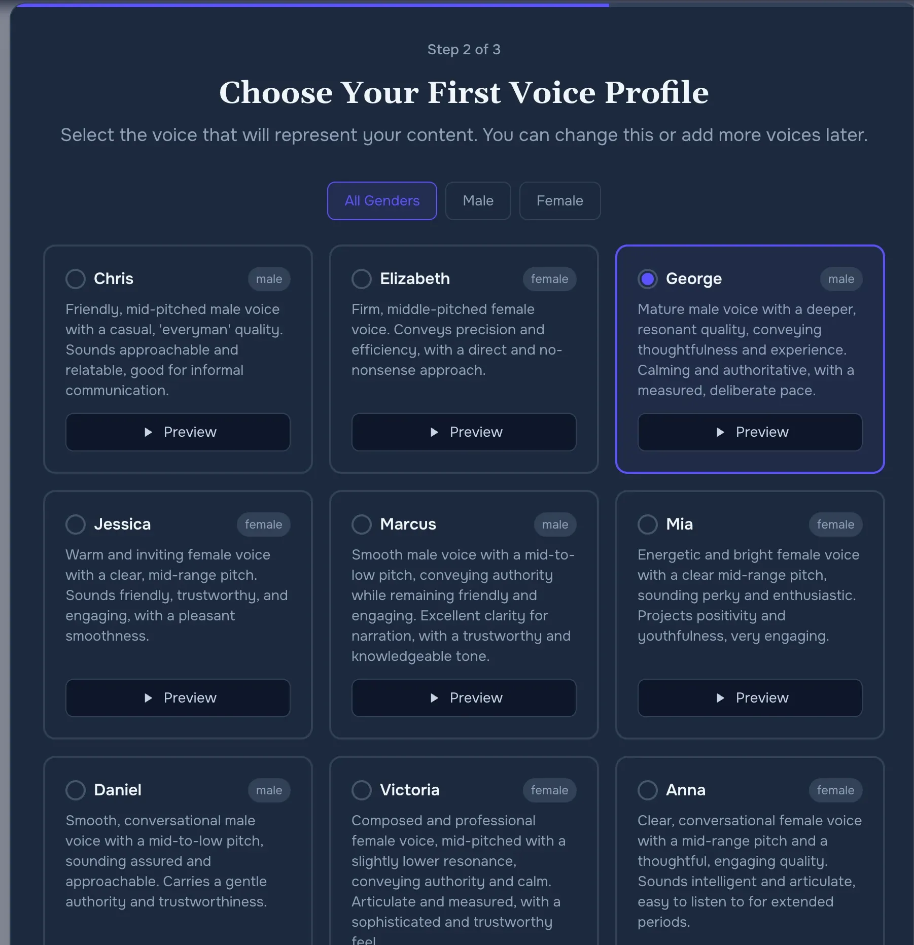 Voice gallery and preview controls