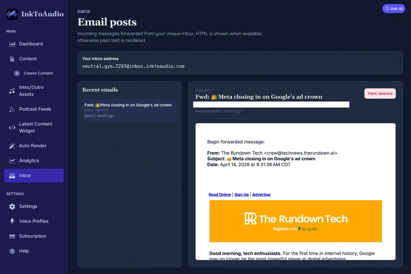 Inbox page and private forwarding address