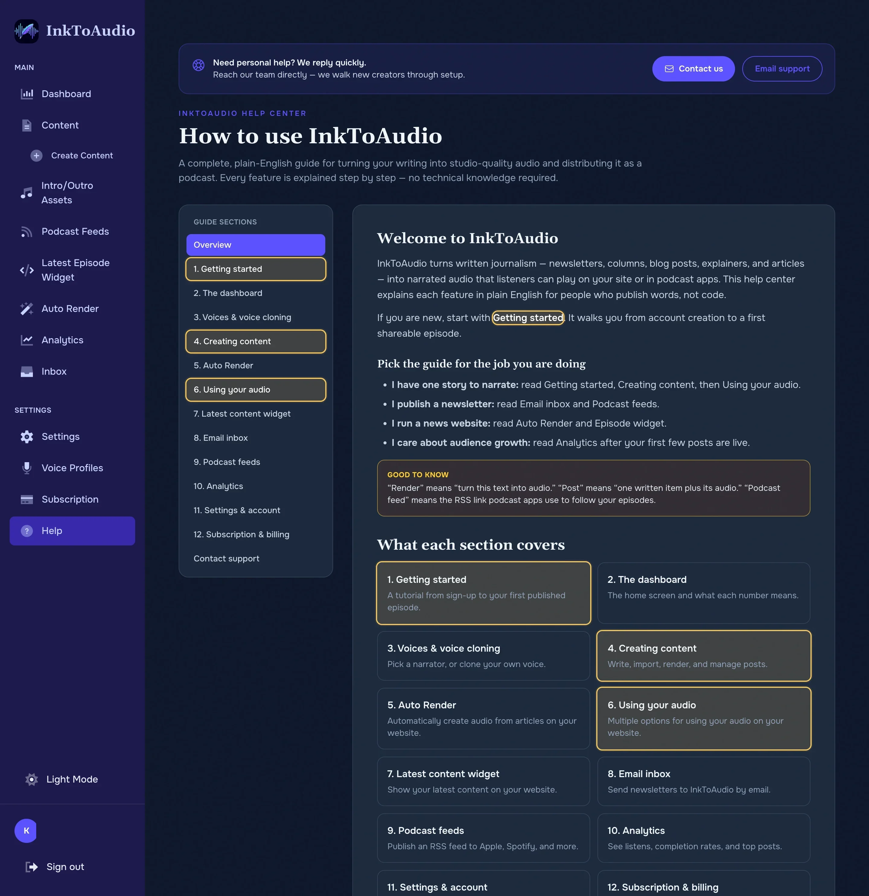 Help center overview screenshot