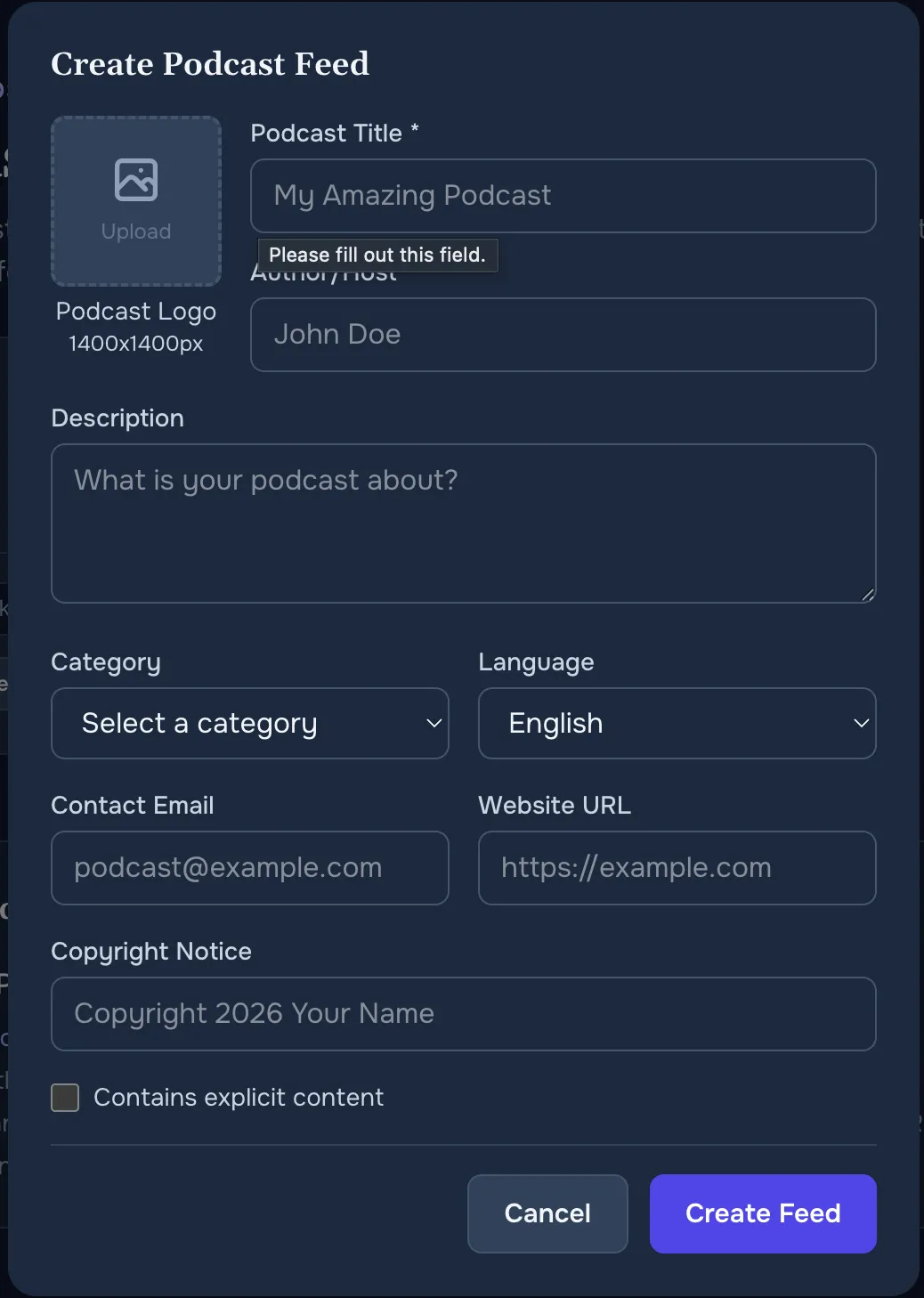Podcast feeds page and create-feed form