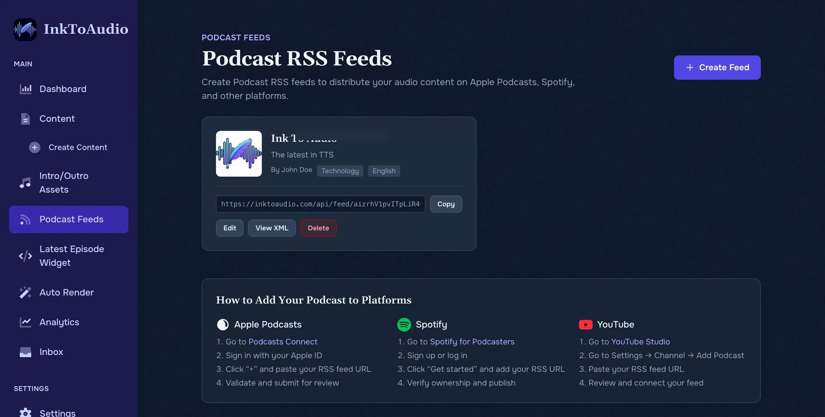 Feed URL and podcast directory submission area
