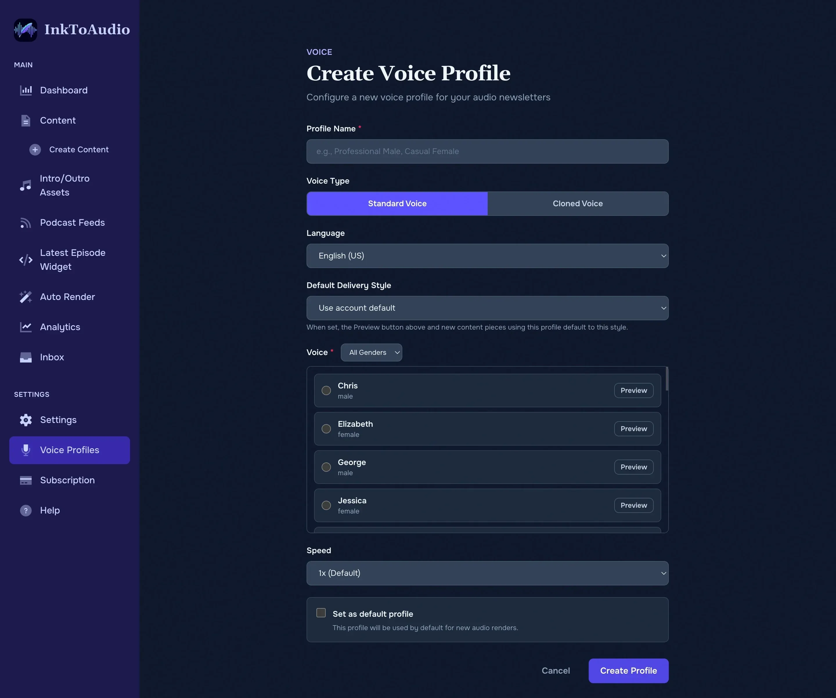 Create voice profile form