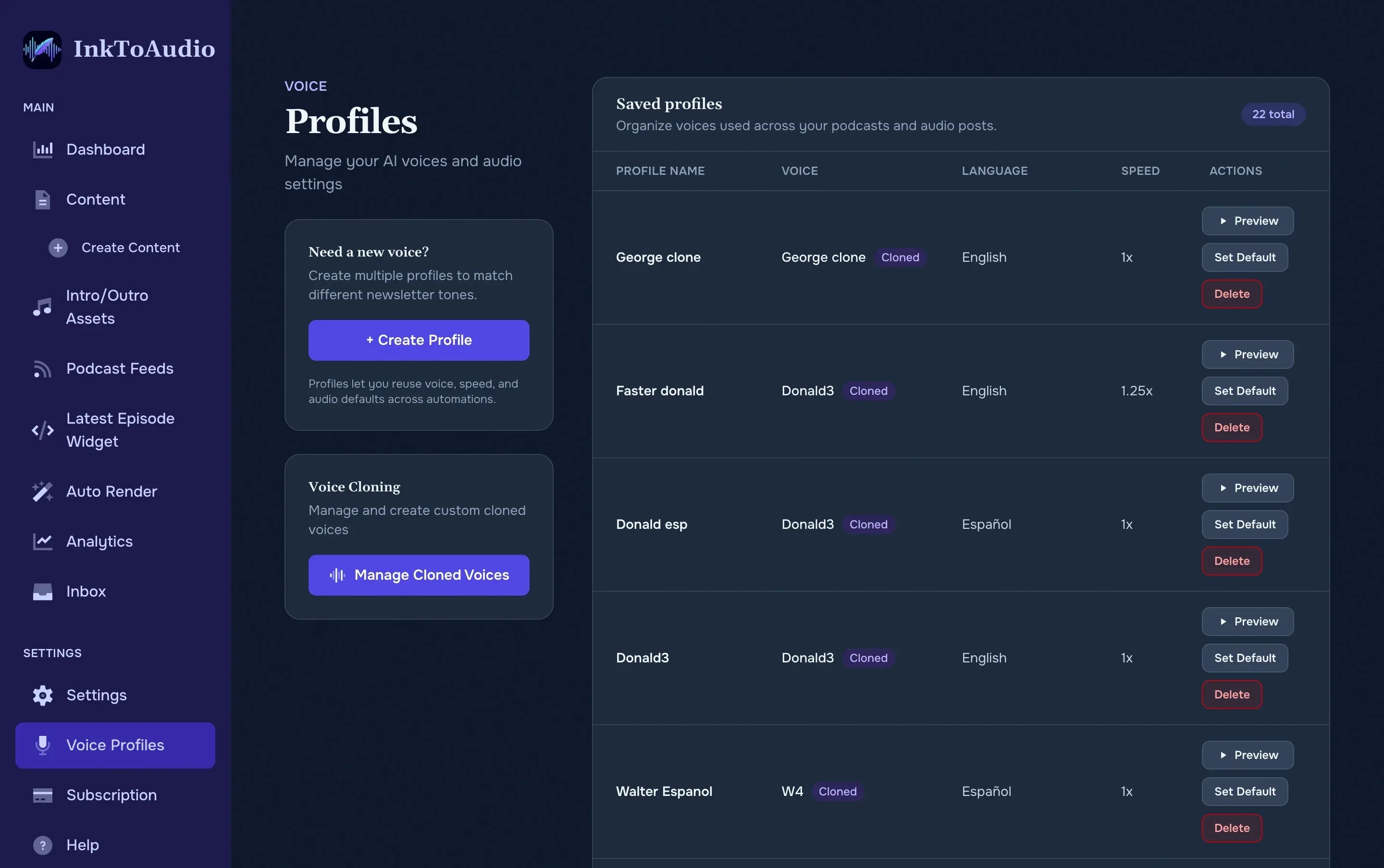 Voice profiles list